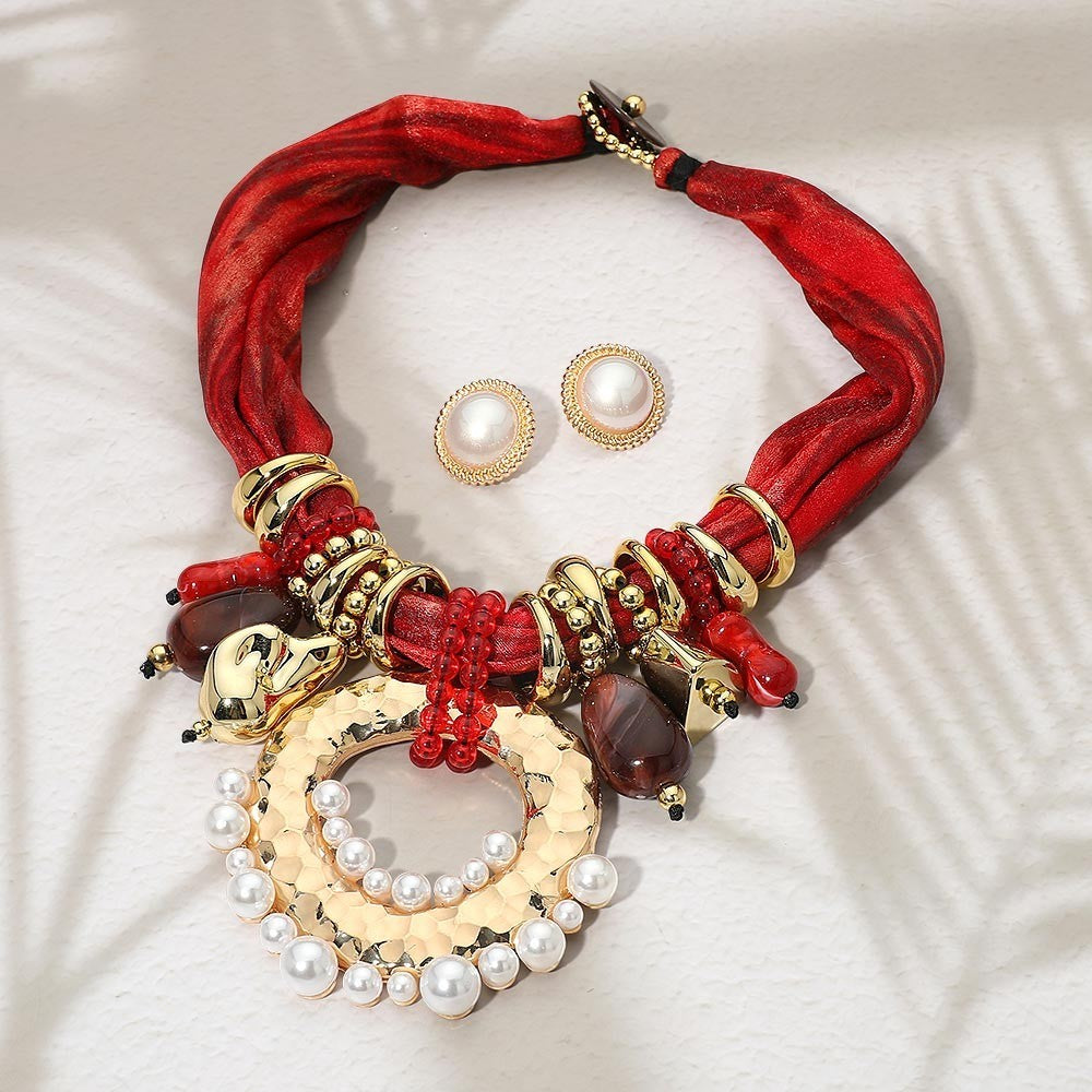 Red Fabric Choker Necklace Set Gold Tone Hammered Ring Faux Pearl Earrings