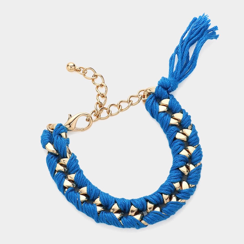 Blue Woven Rope Chain Link Bracelet with Gold Accents and Tassel - One Size