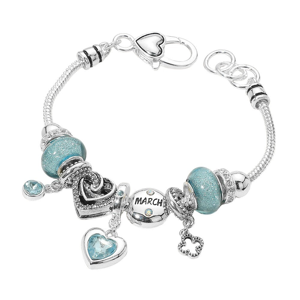 March Birthstone Heart Charm Beaded Bracelet Aqua Multi Layer Stretch Jewelry