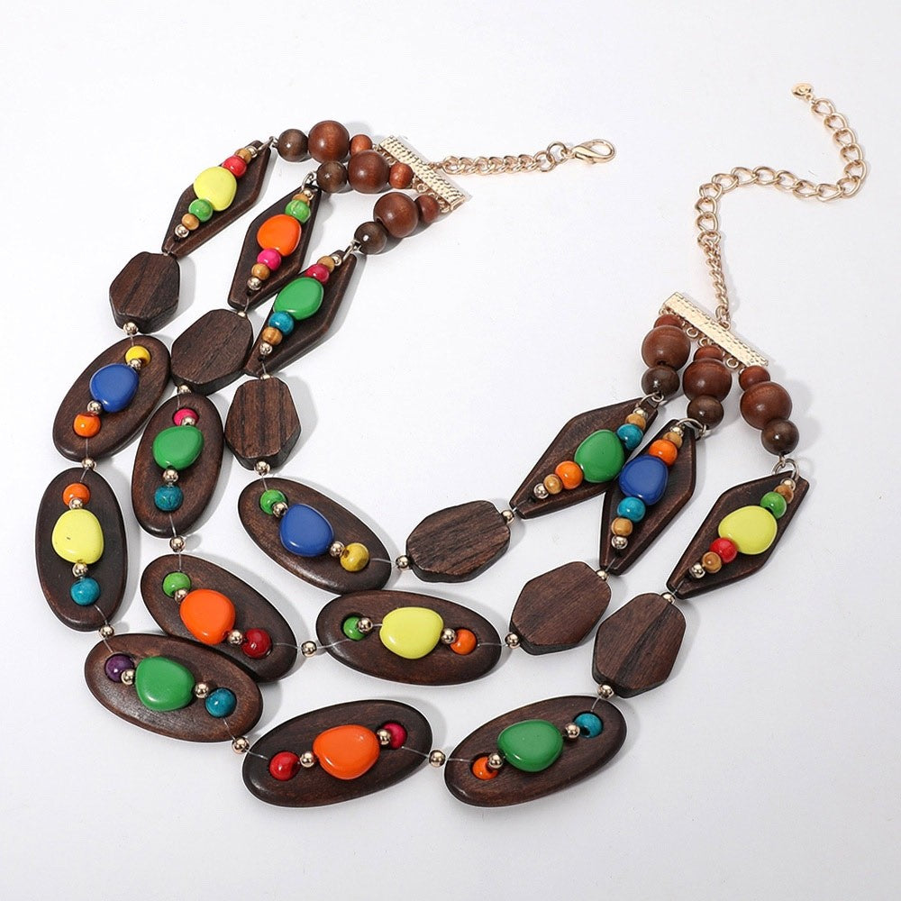 Multi-Strand Wooden Bead Statement Necklace Earthy Bohemian Bib Jewelry Piece
