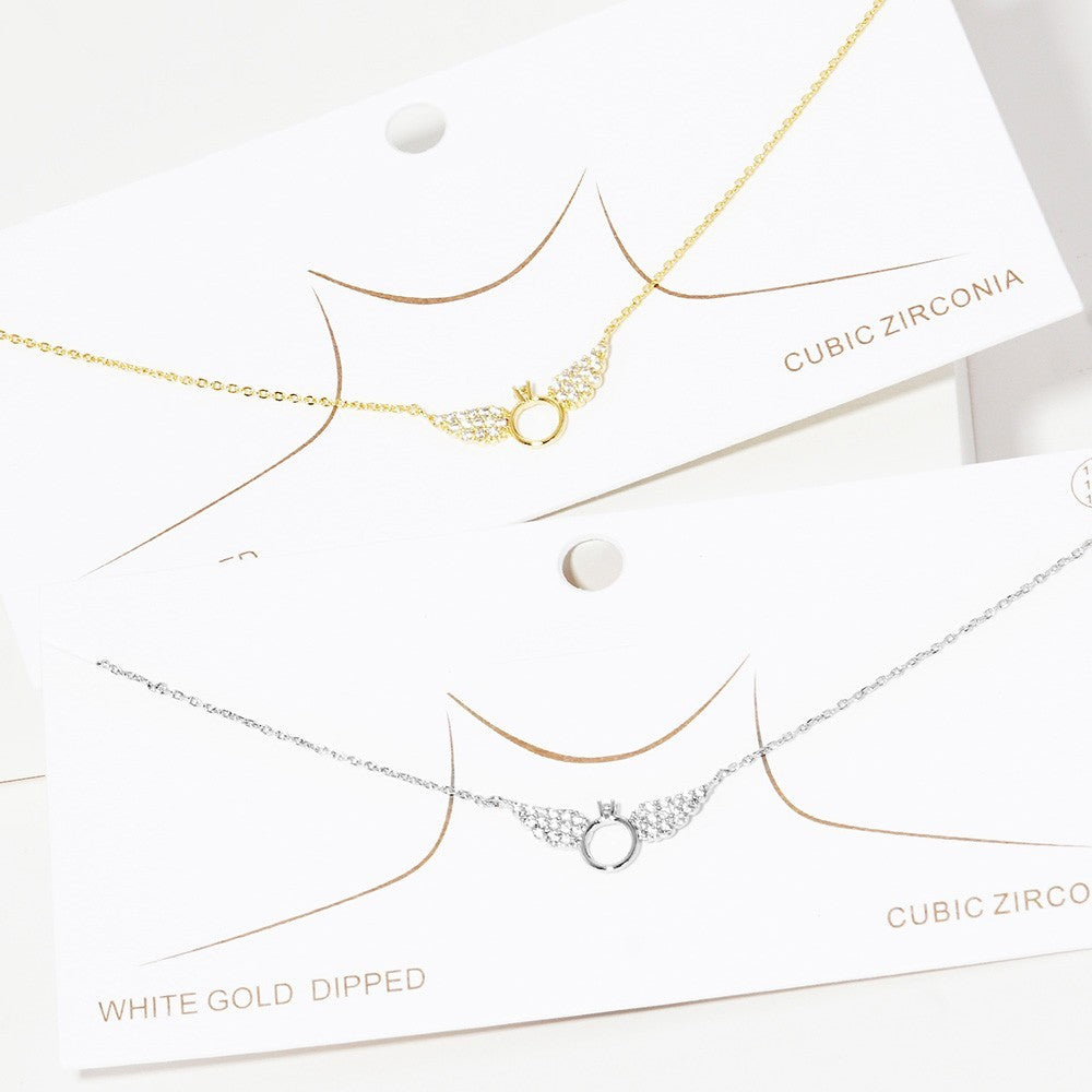 Gold Dipped CZ Cubic Zirconia Stone Paved Wings Pendant Necklace for Women Gold