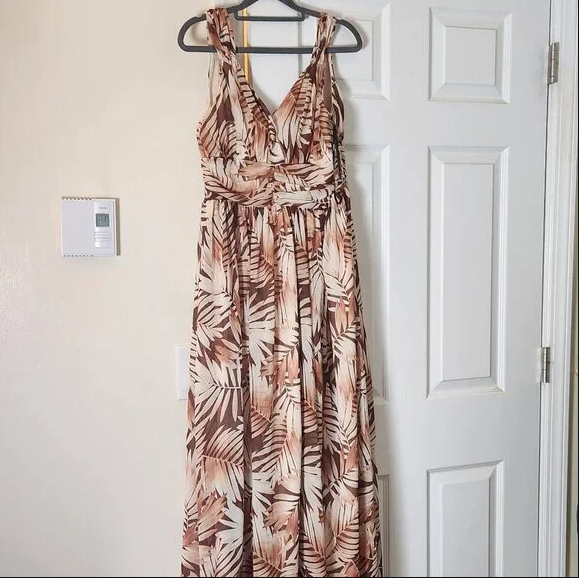 Tropical Print Sheer Maxi Dress for Women Vacation Outfit for Ladies Brown US S