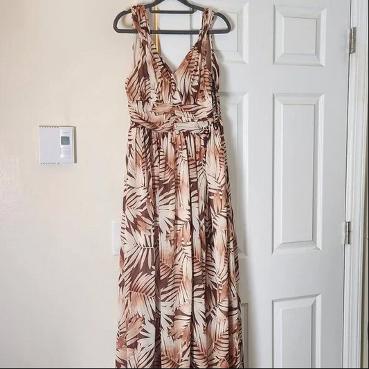 Tropical Print Sheer Maxi Dress for Women Vacation Outfit for Ladies Brown US S