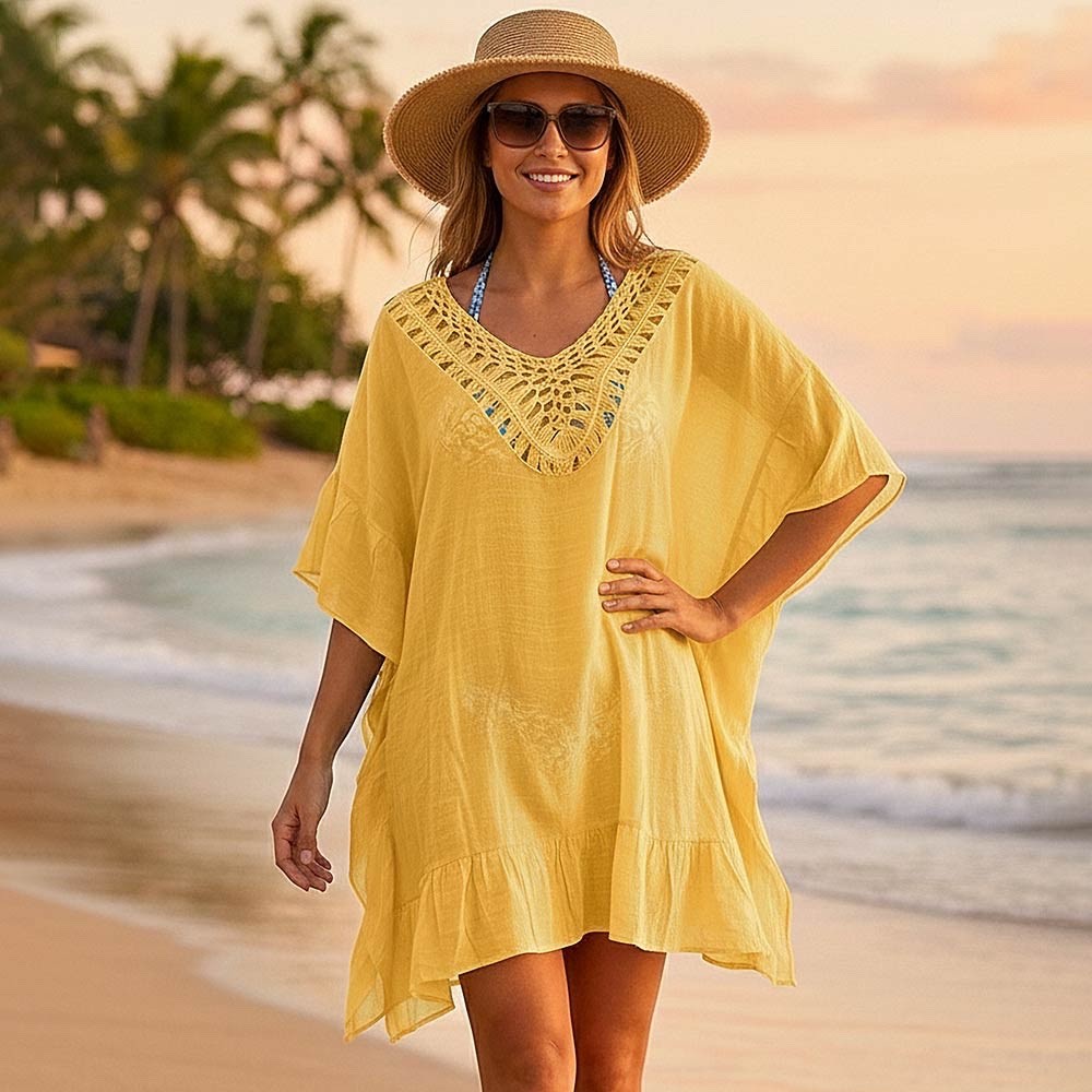 Yellow Crochet V-Neck Beach Cover Up Caftan Dress - Boho Summer Swimwear