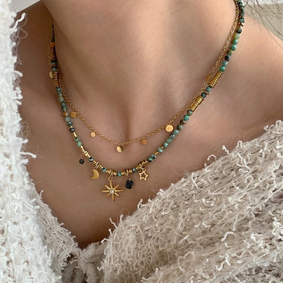 2PCS Gold Celestial Beaded Layered Necklace Set Star Moon Choker Charm Gift