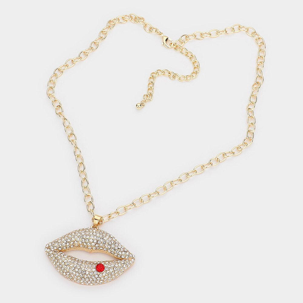 Rhinestone Paved Lip Pendant Necklace Fun Sparkly Statement Jewelry Gift