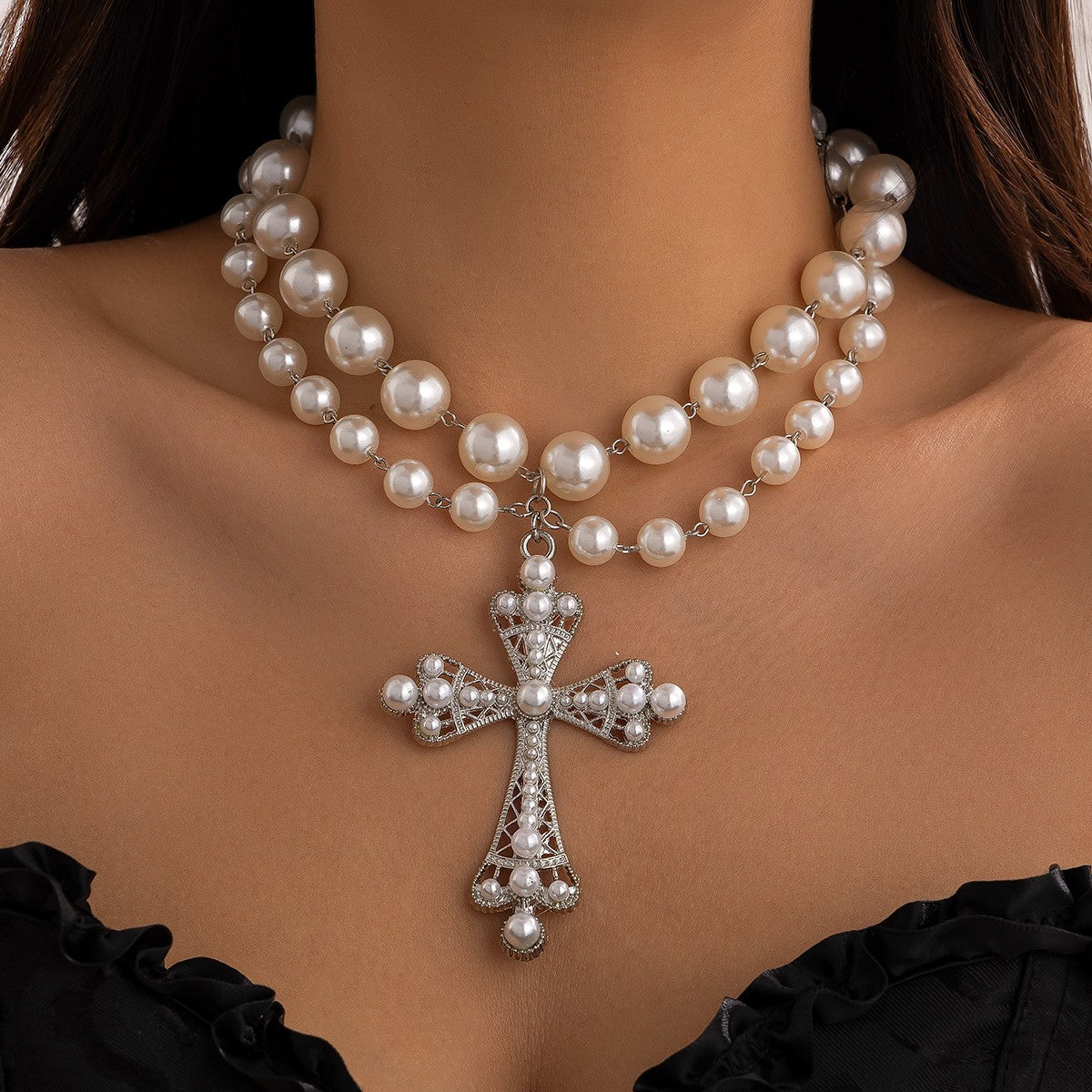 Vintage Double Strand Pearl Cross Choker Necklace Goth Coquette Jewelry