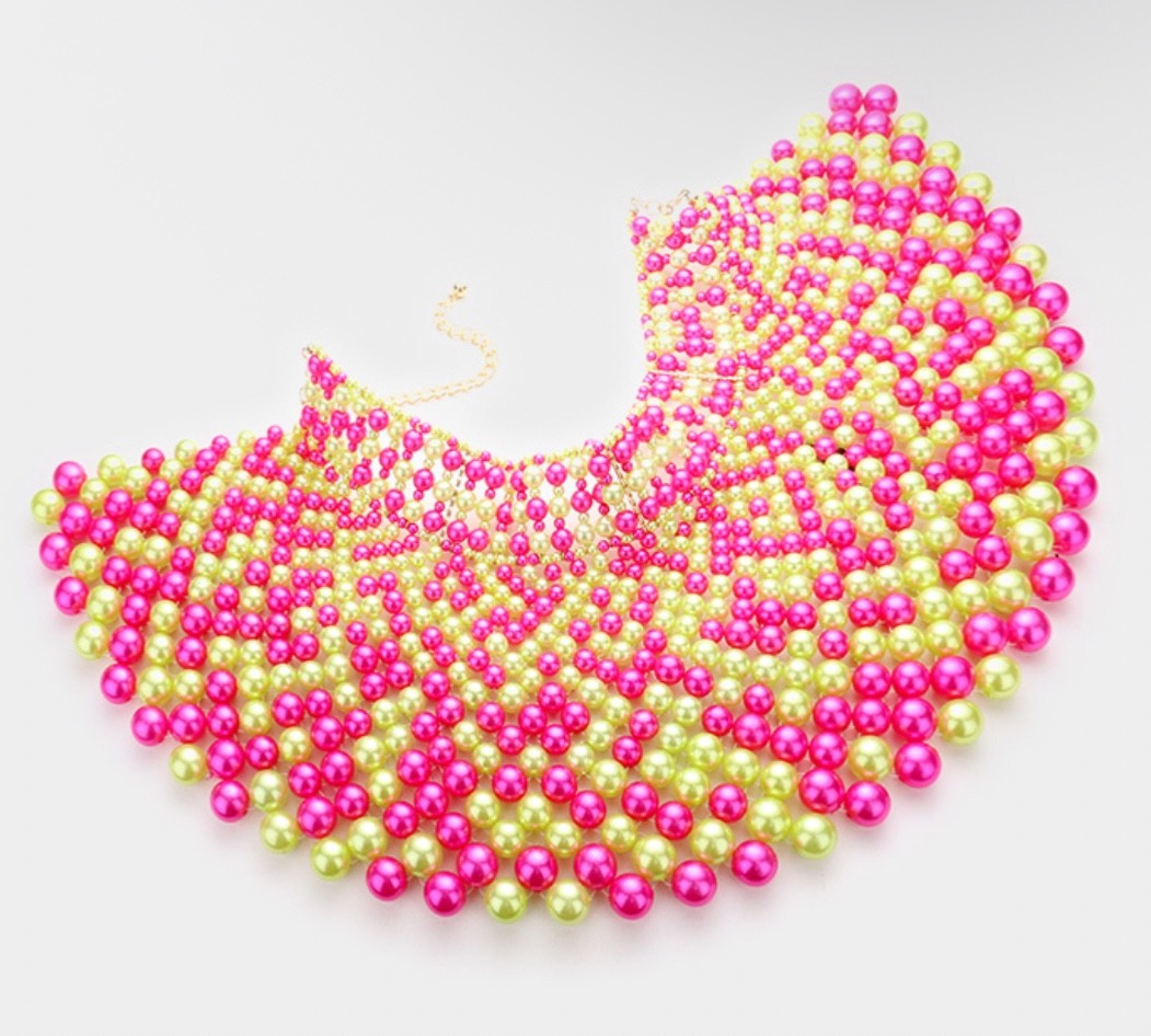 Neon Pink & Lime Green Faux Pearl Statement Bib Necklace & Earrings Jewelry Set