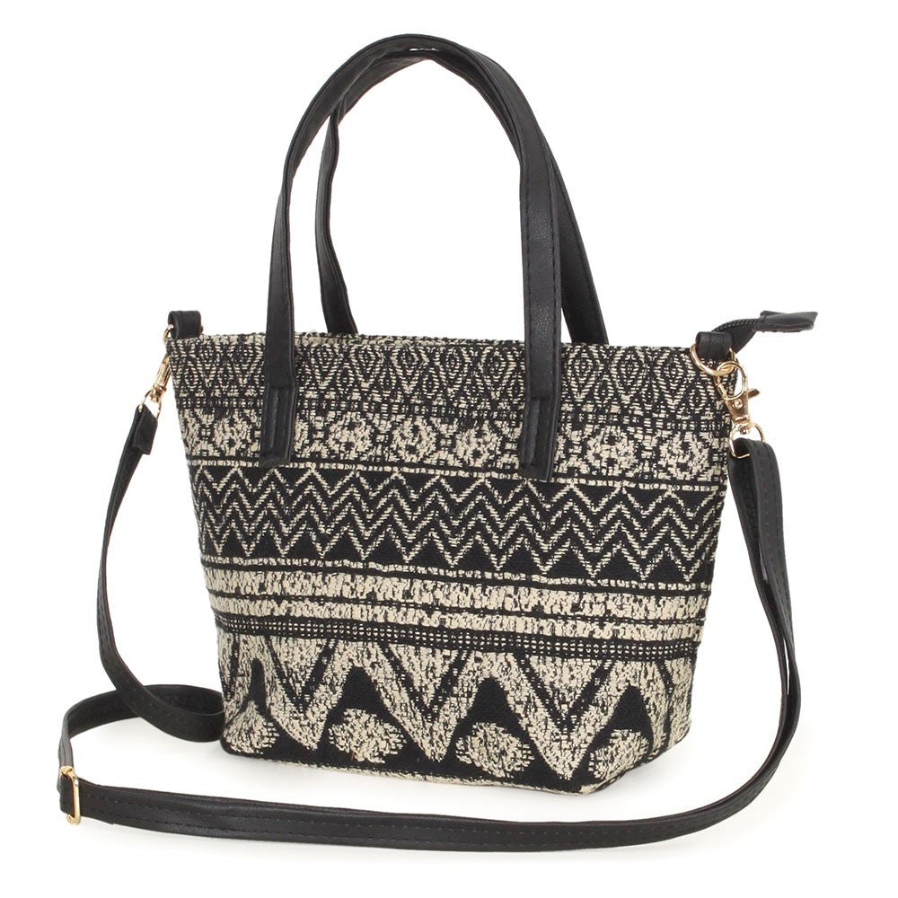 Boho Tribal Pattern Tote Crossbody Bag Black Adjustable Strap Zippered Purse