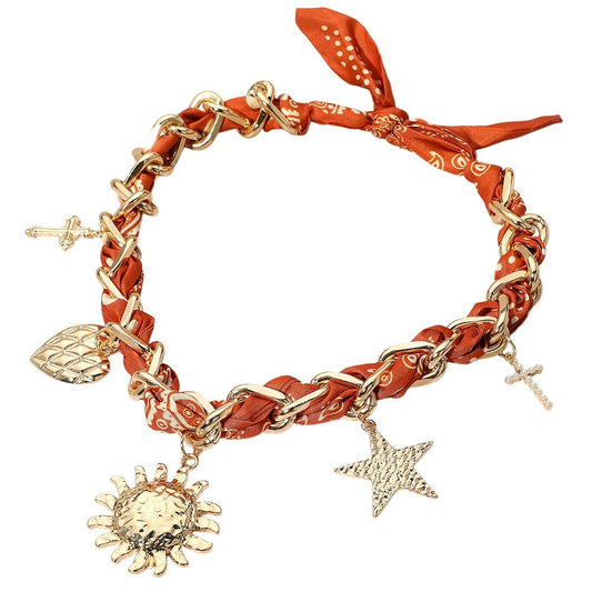 Sun Star Heart Cross Charm Bandana Fabric Chain Necklace Women Fashion Jewelry