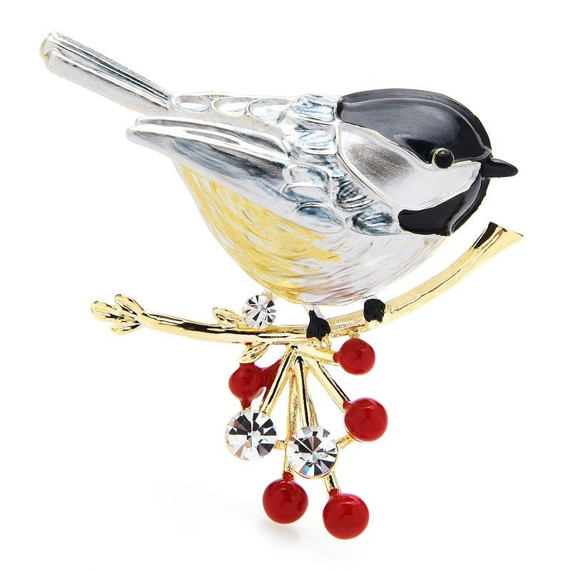 Chickadee Bird Brooch Pin Rhinestone Animal Jewelry Enamel Winter Gift