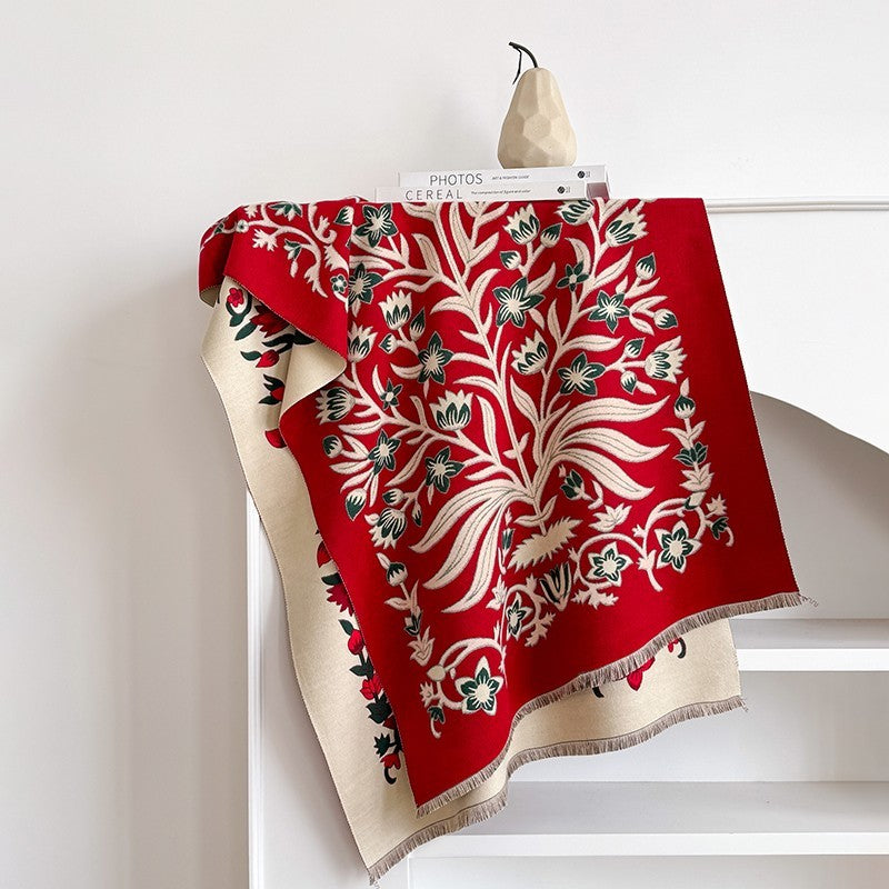 Reversible Tree of Life Shawl Wrap Scarf Red Beige Floral Bohemian Oversized