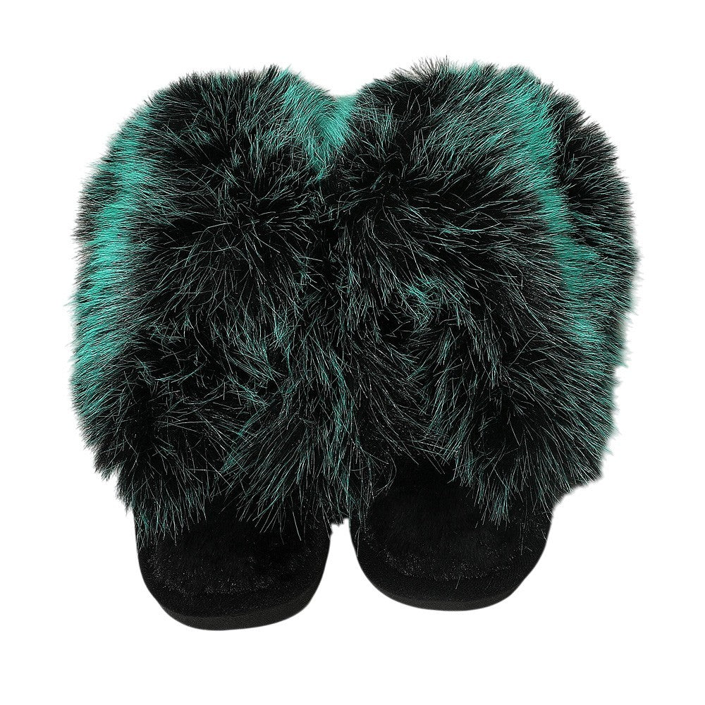 Fluffy Faux Fox Fur Indoor Slippers Green Black Cozy Plush House Shoes for Women