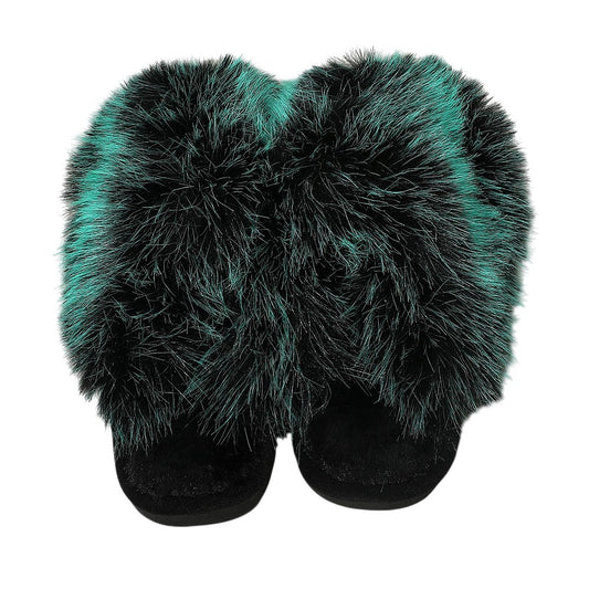 Fluffy Faux Fox Fur Indoor Slippers Green Black Cozy Plush House Shoes for Women