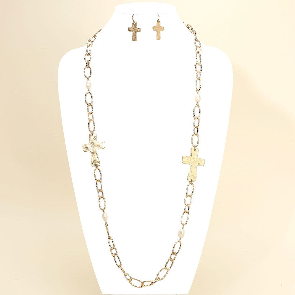 Gold Hammered Cross Long Chain Necklace and Earring Set with Faux Pearl Accents