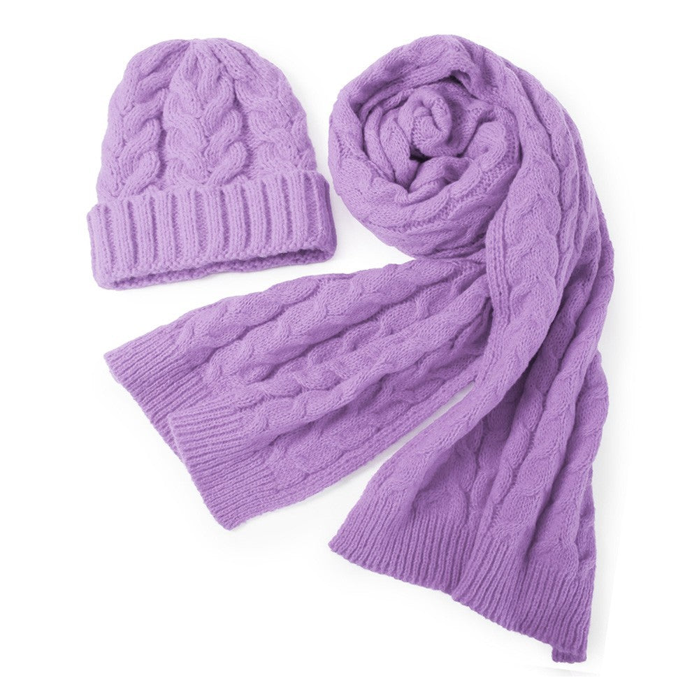 One Size Cable Knit Style Winter Beanie Hat & Scarf Set for Women Lavender