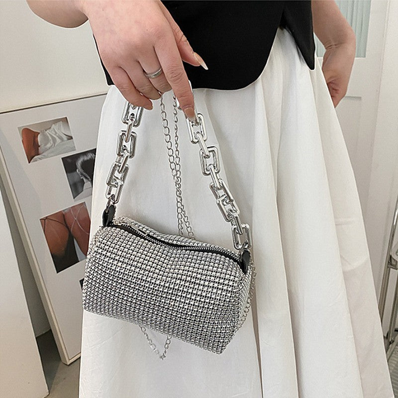 Silver Tone Rhinestone Evening Bag Crystal Clutch Thick Chain Shoulder Handbag