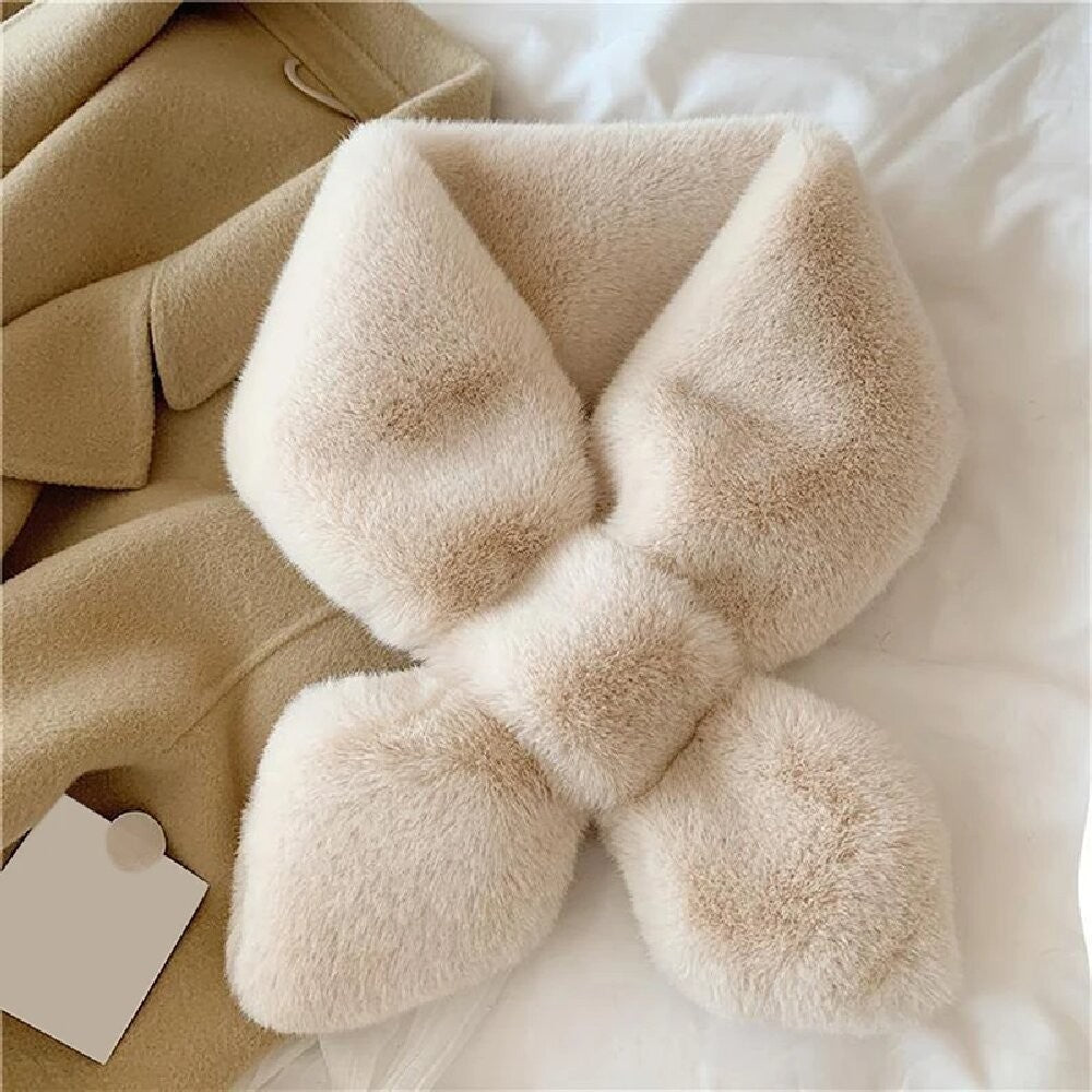 2Pcs Women's Faux Fur Scarf Set Black Beige Soft Plush Winter Neck Warmer Wrap