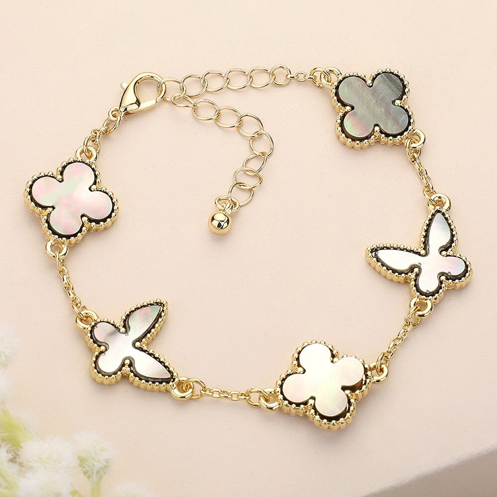 2-in-1 Clover & Butterfly Bracelet Set for Women Red & Beige Link Bracelet Sets