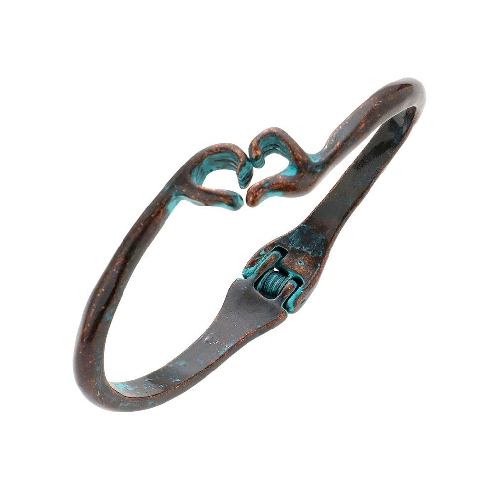 Rustic Patina Heart Hands Bracelet Sculpted Wrench Design Hinged Closure