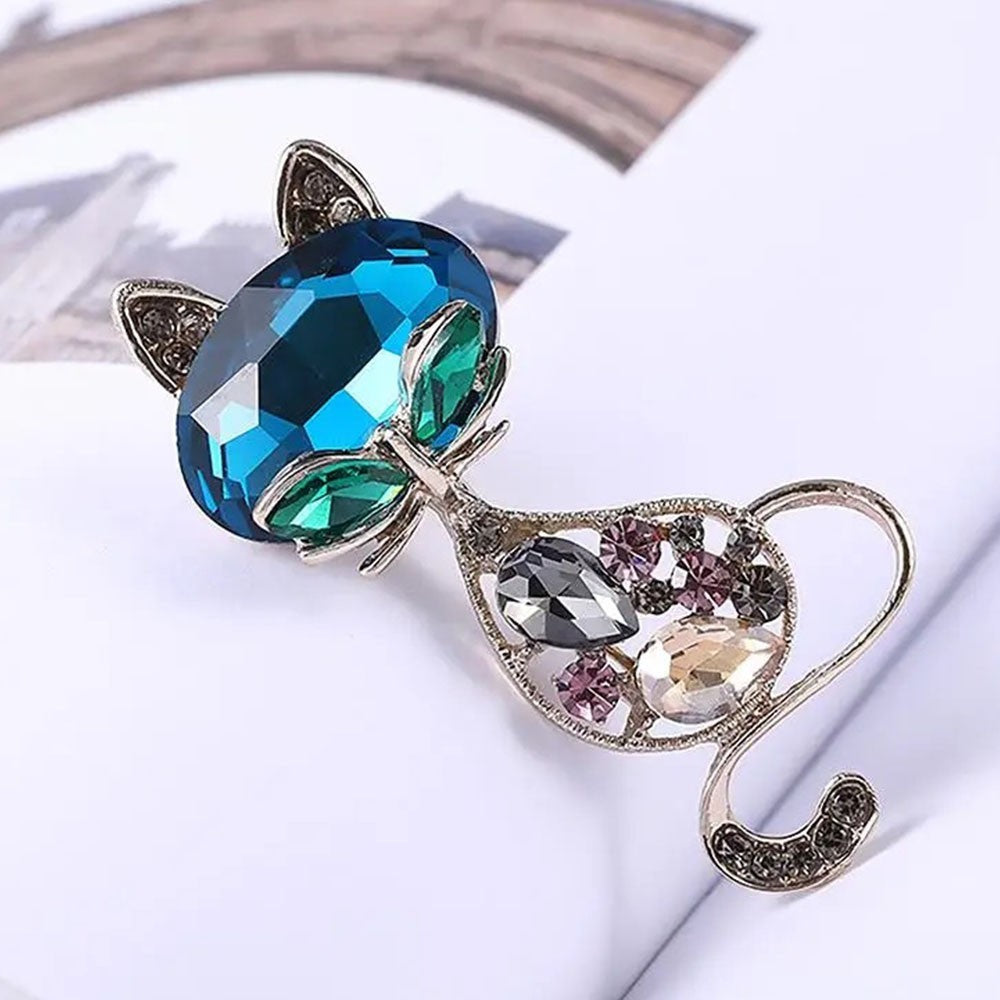 Sparkling Teal Crystal Cat Brooch Pin Animal Lover Jewelry Gift Rhinestone