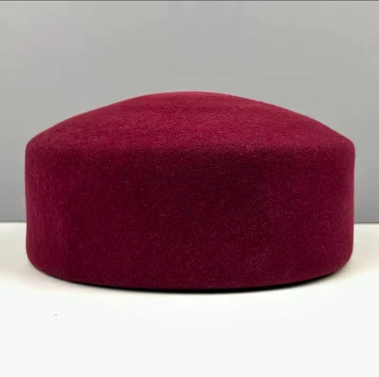 Wine Red 100% Wool Pillbox Hat Retro Fascinator Formal Cocktail Stewardess Hat
