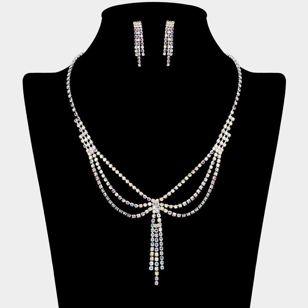 2pc Aurora Borealis AB Crystal Rhinelstone Dangle Necklace and Earrings Jewelry