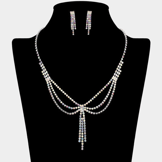 2pc Aurora Borealis AB Crystal Rhinelstone Dangle Necklace and Earrings Jewelry
