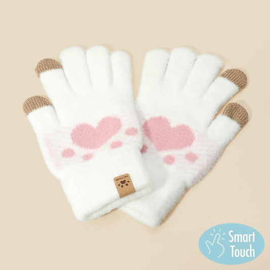Womens One Size Cat Paw Warm Winter Pointed Gloves Touch Screen Compatible White