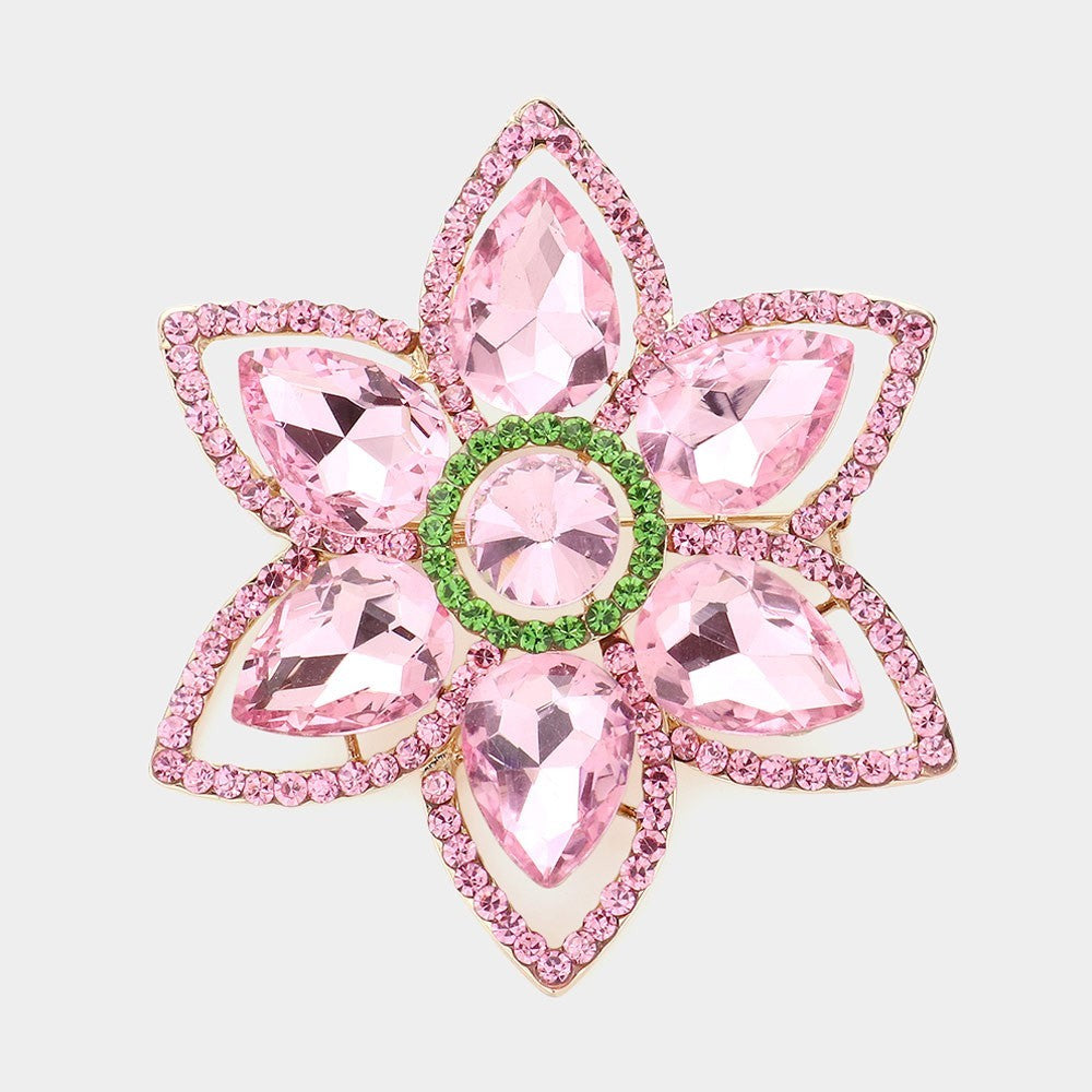 Gold Tone Pink Green Teardrop Crystal Stone Accented Flower Pin Brooch for Women