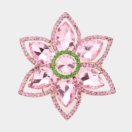 Gold Tone Pink Green Teardrop Crystal Stone Accented Flower Pin Brooch for Women