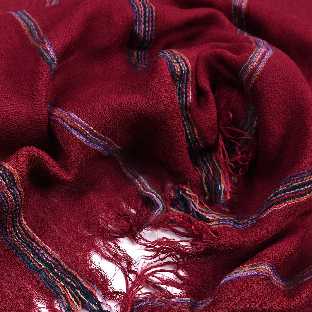 Burgundy Striped Scarf Cotton Linen Blend Large Shawl Wrap 75 x 37 Inches