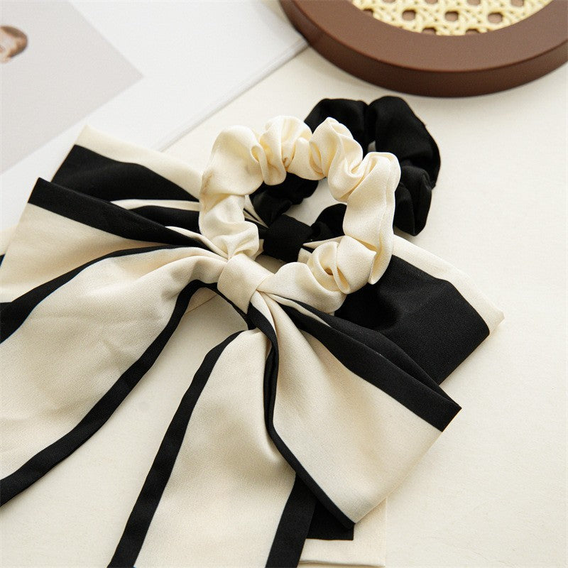 2pcs Black White Ribbon Bow Scrunchies Hair Ties French Chic Ponytail Holder