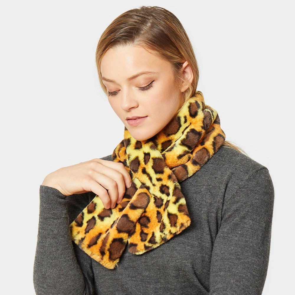 Leopard Print Faux Fur Pull Through Scarf Warm Winter Soft Cozy Wrap Shawl