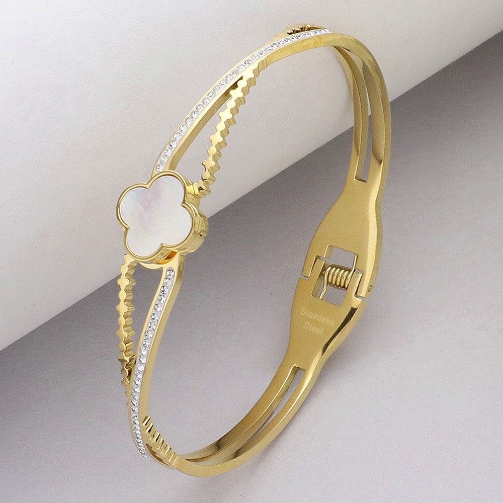 Gold Mother of Pearl Quatrefoil Hinged Bangle Bracelet for Women