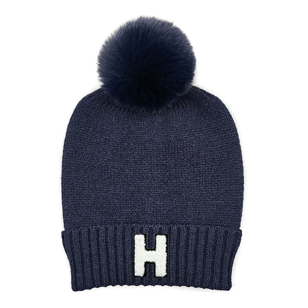 Navy Knit Pom Beanie Hat White Chenille Letter H Winter Cap One Size Unisex