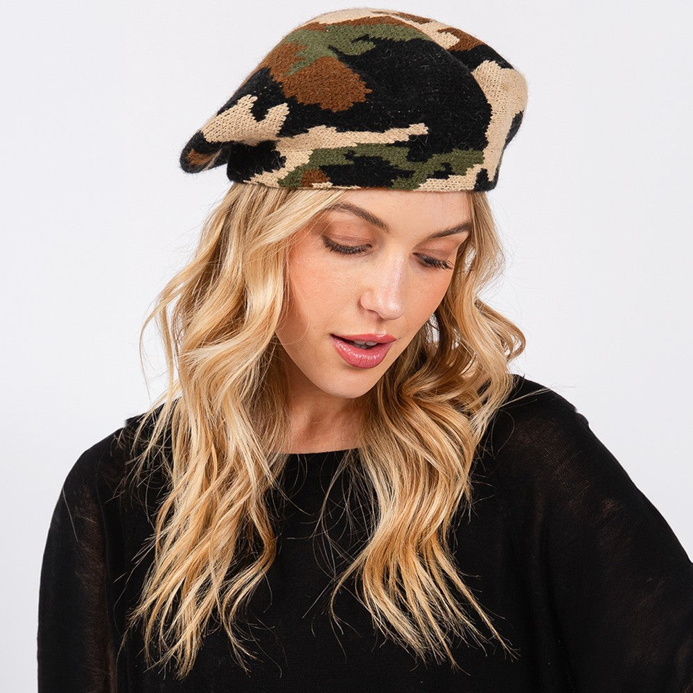 Camo Knit Beret Hat Women’s Fashion Winter Fall Casual Military Style Beanie Cap