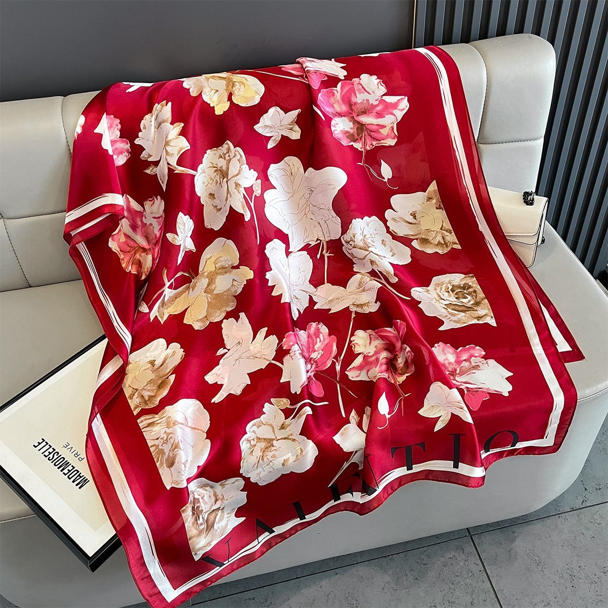 Red Floral Silk Feel Scarf Large Shawl Wrap Elegant Long Fashion Headscarf