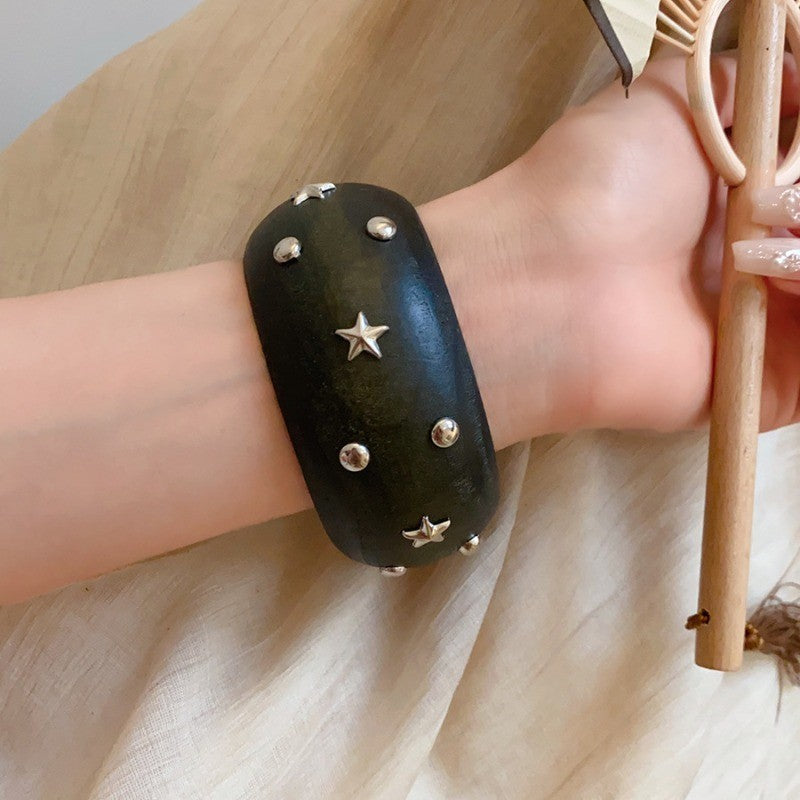 Ebony Wood Bangle Bracelet with Silver Star Studs Boho Chic Jewelry