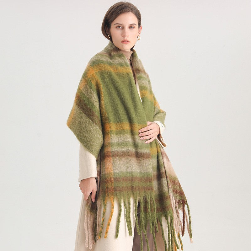 Plaid Checkered Scarf Womens Winter Warm Green  Fringe Wrap