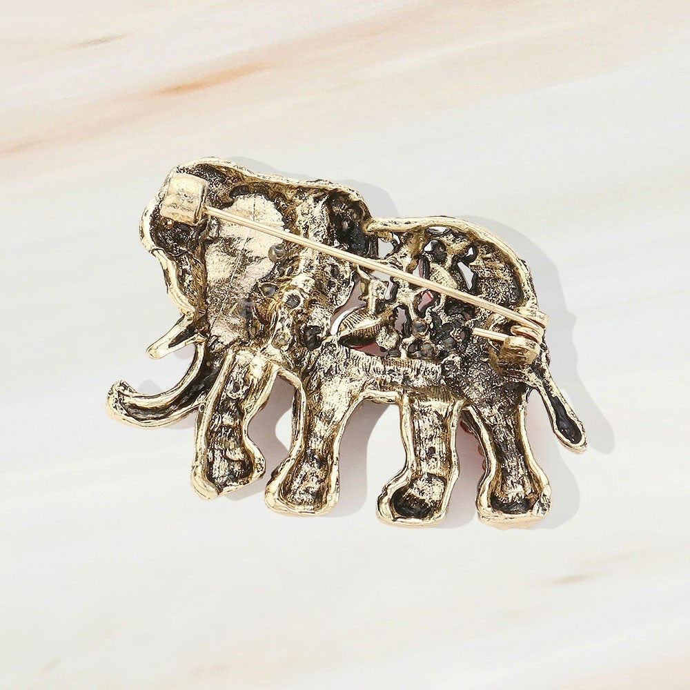 2 Elephant Brooch Set: Red Ruby & Brown Amber Rhinestone Costume Jewelry Pins