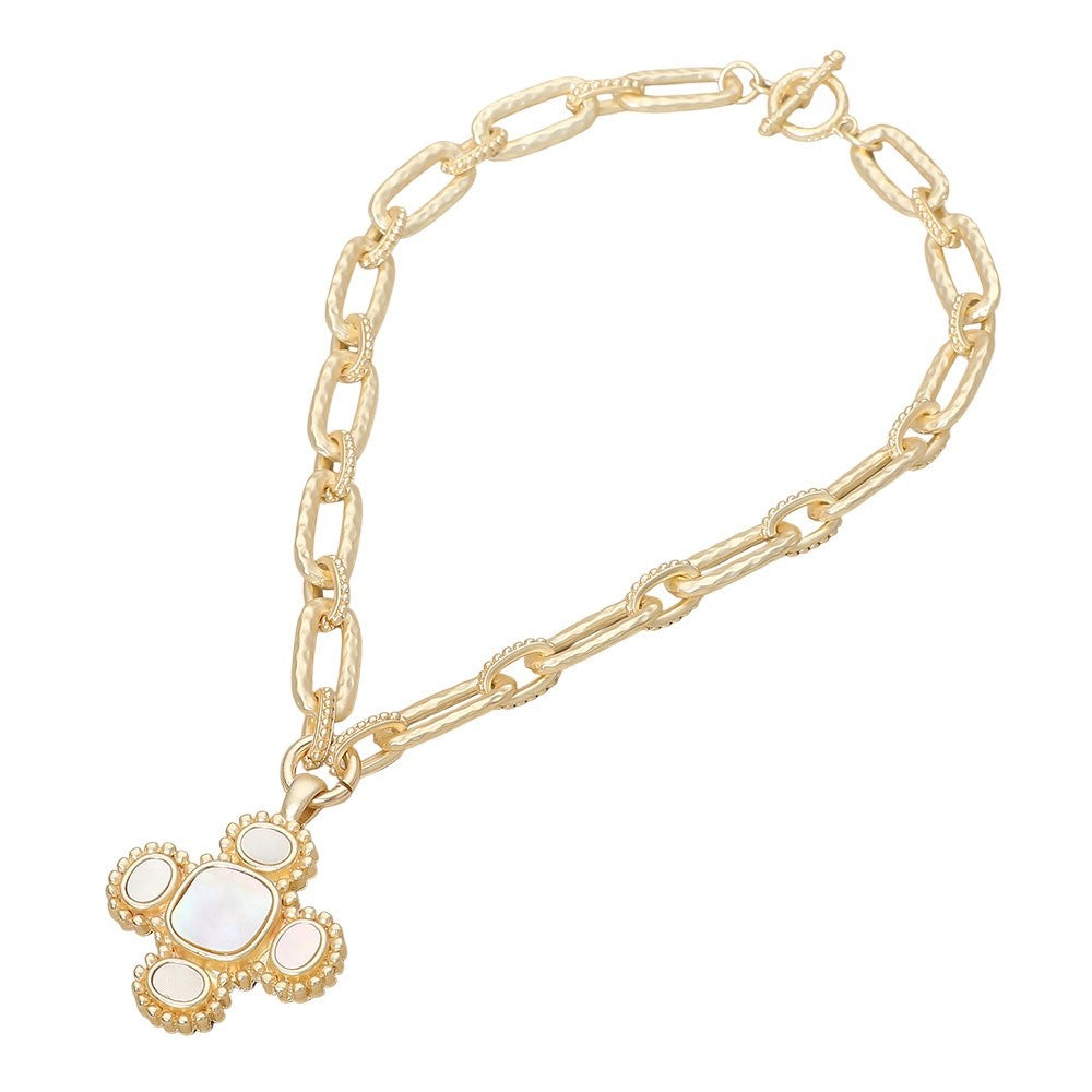 Gold Hammered Link Toggle Necklace with Mother of Pearl Cross Pendant Jewelry