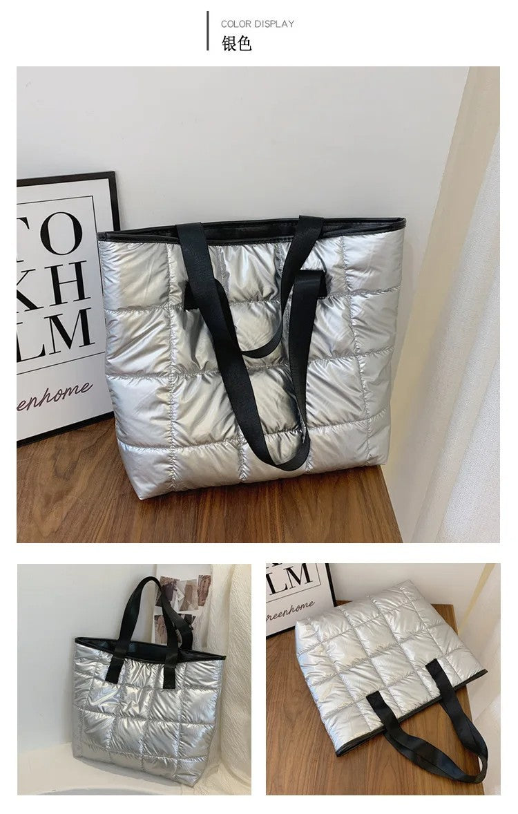 Gray Quilted Puffer Tote Bag Shoulder Handbag Zipper Closure Carryall Purse