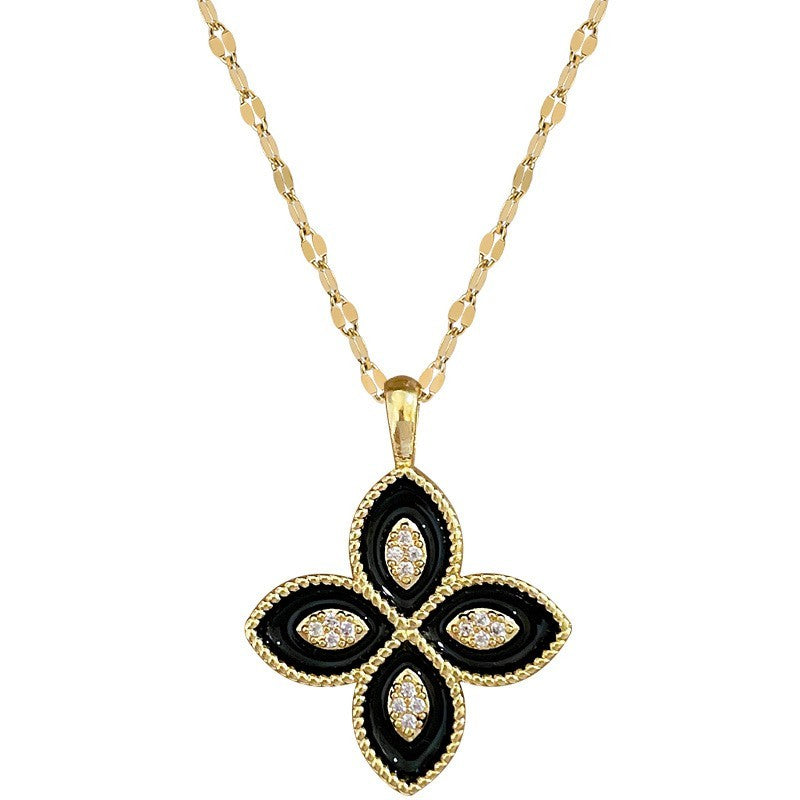 Black Enamel Clover Necklace Marquise Pave CZ Charm Gold Paperclip Chain 16"-18"