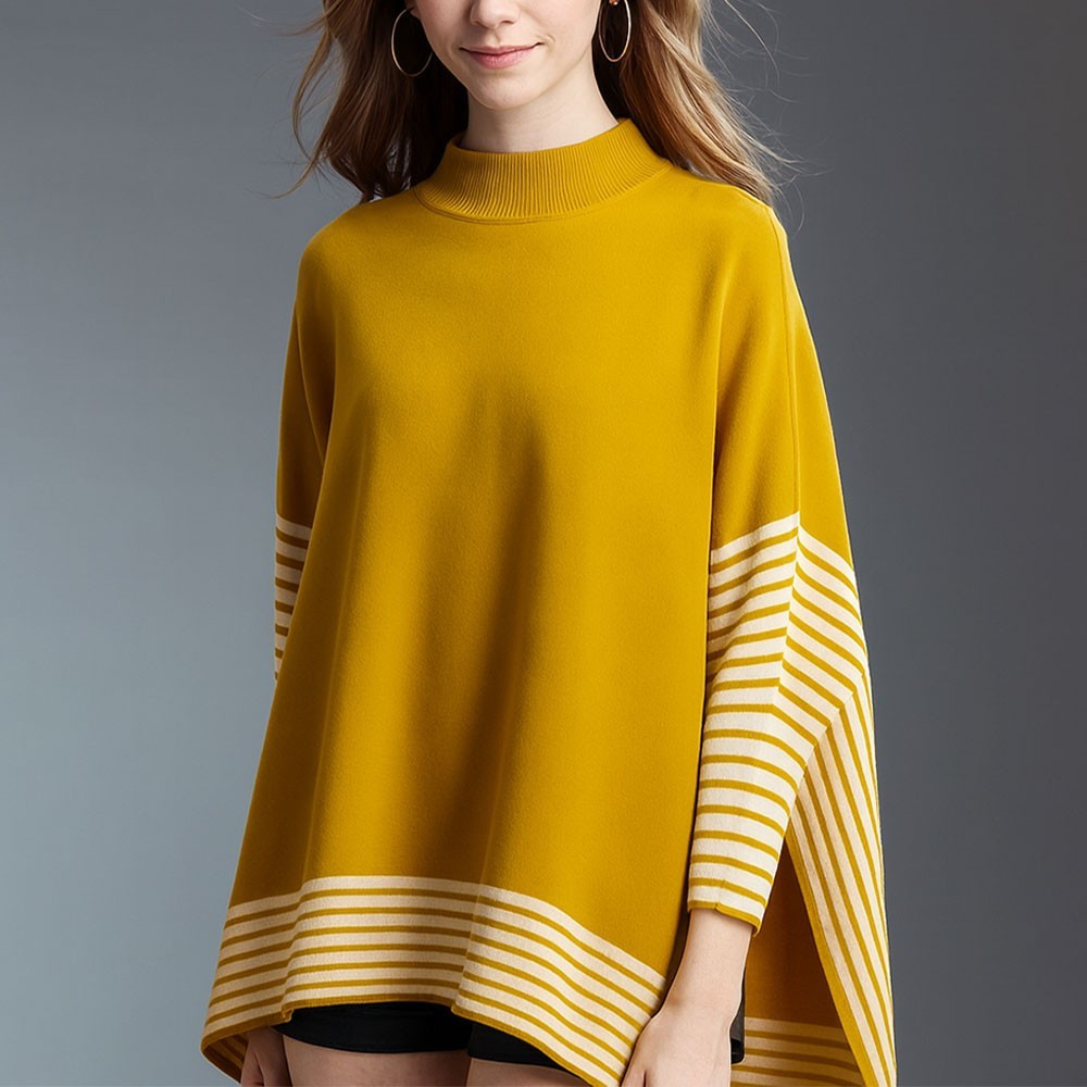 Women's Mustard & Beige Stripe Knit Poncho Cape Shawl Mock Neck One Size Top