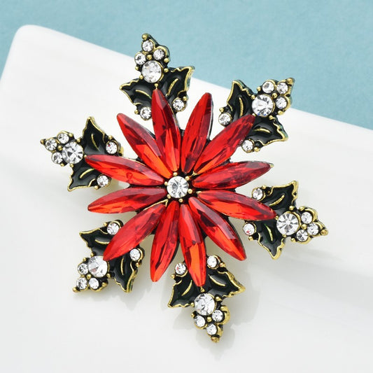 Poinsettia Snowflake Red Crystal Brooch Pin Holiday Jewelry Gift