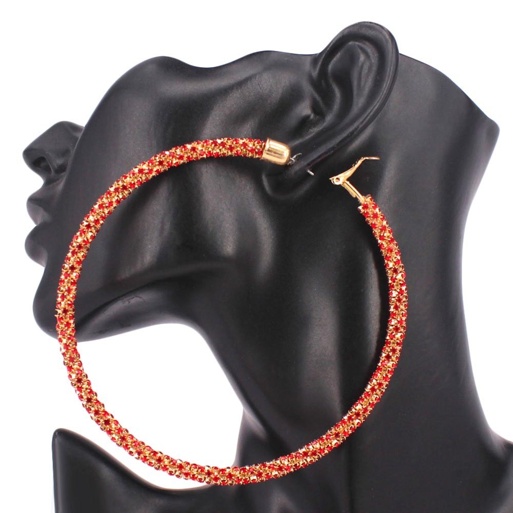 Oversized Red Rhinestone Hoop Earrings 4" Sparkly Party Statement Jewelry Women
