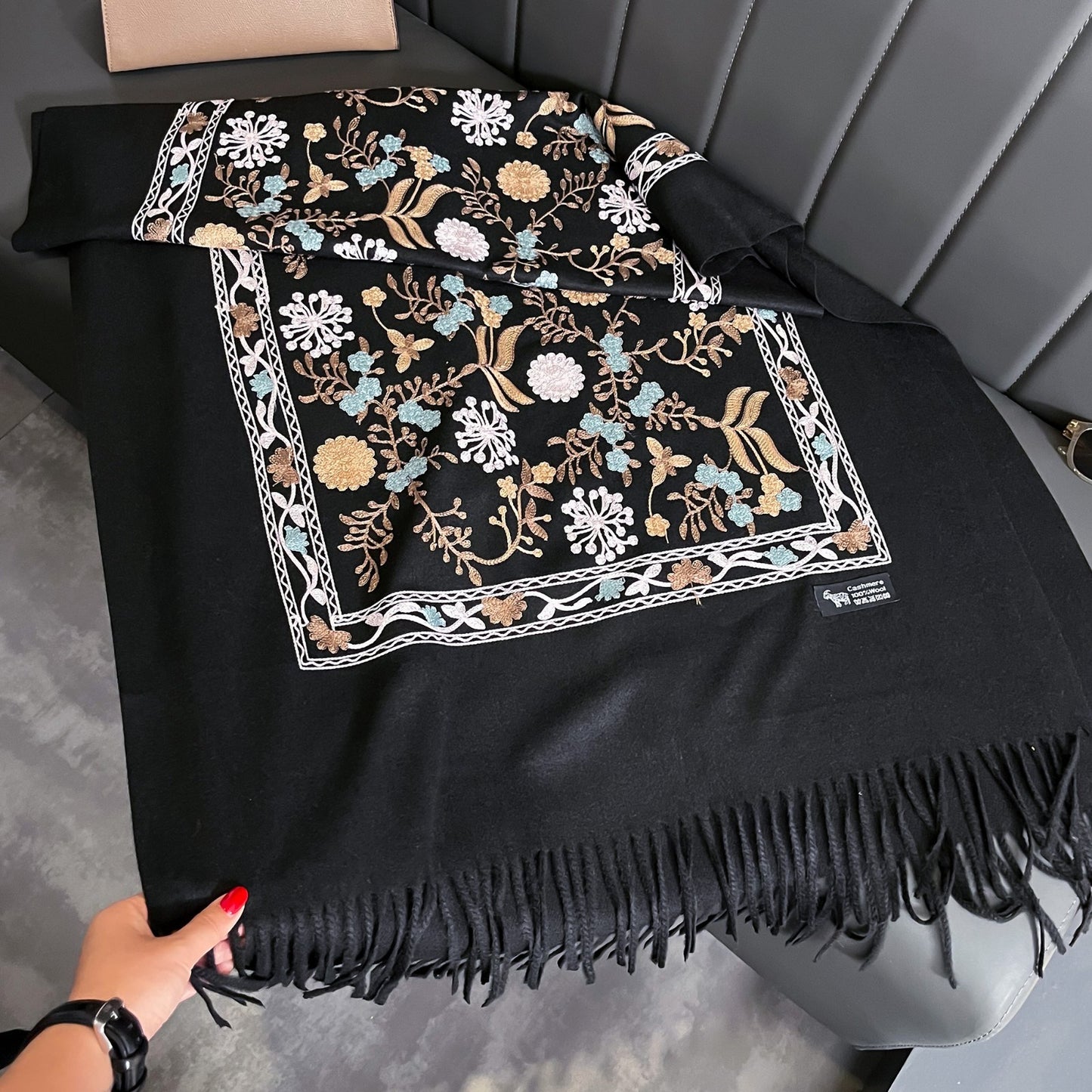 Black Floral Embroidered Scarf Shawl Wrap Fringed Soft Warm Cashmere Feel Winter
