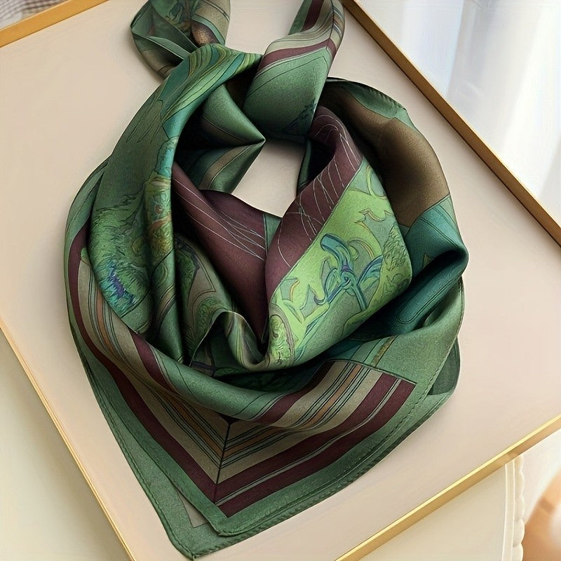 Silky Satin Equestrian Scarf Green Burgundy Horse Print Square Fashion Women