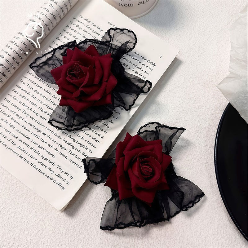 2PC Black Lace Rose Wrist Cuffs Gothic Choker Set Floral Bracelet Corsage